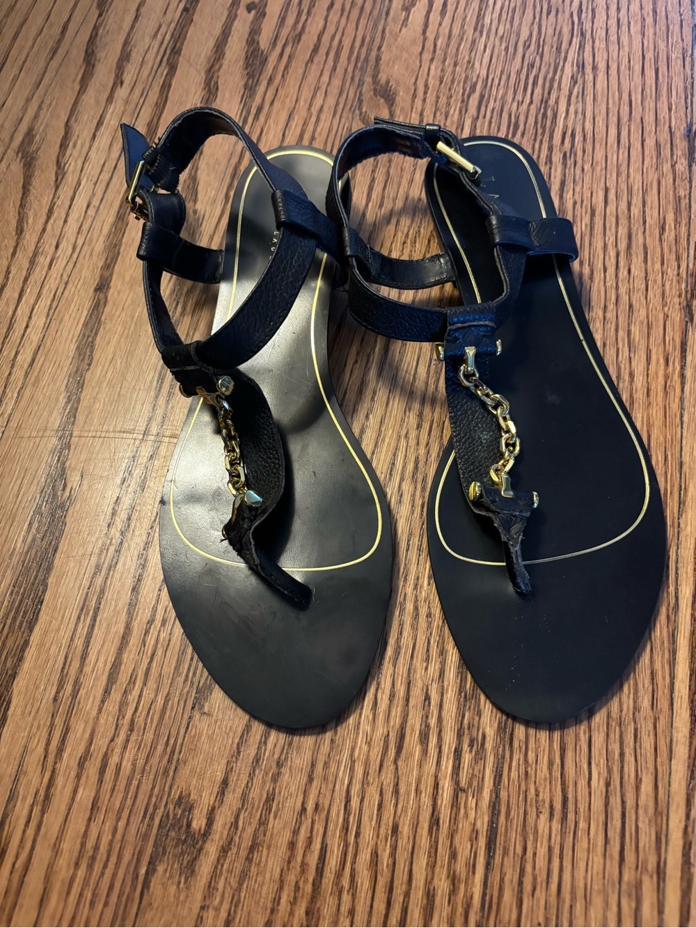 Lauren by Ralph Lauren Black T-Strap Sandals with Gold Chain Accent - Women